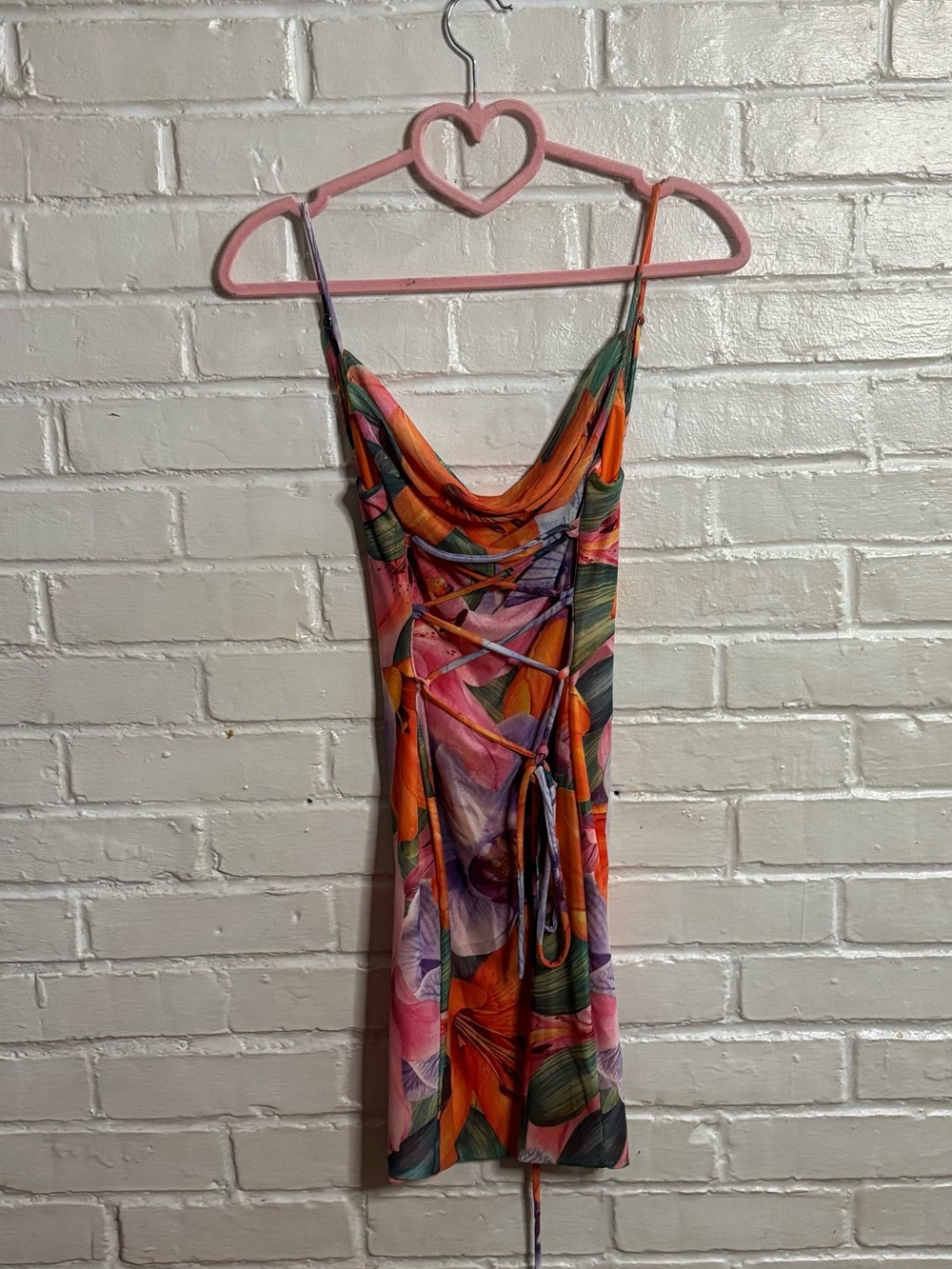 orange, pink, and green abstract floral print mini dress w tie detail - luvalot